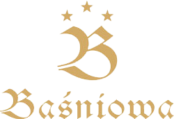 Złoty napis Baśniowa z ozdobną literą B i trzema gwiazdami nad nią na białym tle.