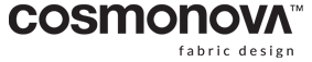 Logo cosmonova z napisem fabric design poniżej, przedstawione na białym tle.