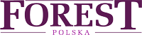Logo z napisem FOREST POLSKA w odcieniu fioletowym, z eleganckim i klasycznym krojem czcionki.