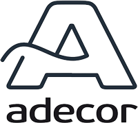 Logo przedstawia stylizowaną literę A z napisem adecor poniżej. Kolory to czarny na białym tle.