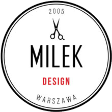 Logo Milek Design z nożyczkami, napisem MILEK DESIGN i WARSZAWA w okrągłej ramce.