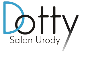 Logo salonu urody Dotty z niebieską literą D i stylizowanym napisem.