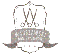 Logo przedstawiające nożyczki na tarczy oraz napis Warszawski Dom Fryzjerów.