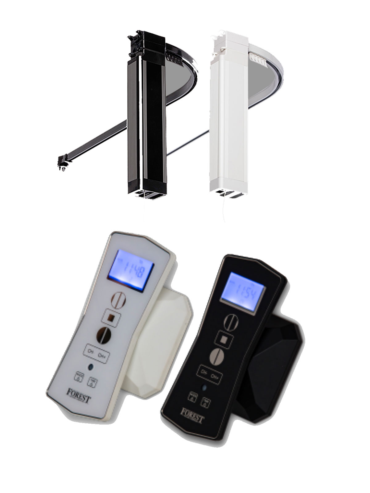 Dwa białe i czarne systemy szynowe na firanki z dwoma pilotami w kolorze białym i czarnym, wyświetlającymi czas.