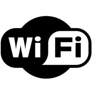 Czarno-białe logo Wi-Fi z napisem Wi w czarnej chmurze i Fi w białym dymku.